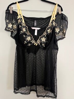 Cacique Black Sheer Camisole with Floral Embroidery with matching panties.